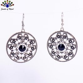 Silver/Black Flower Designed Round Drop Earrings For Women- Jewels of Nepal