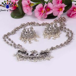 Silver Toned Temple Style Necklace Set With Earrings for Women - Jewels of Nepal