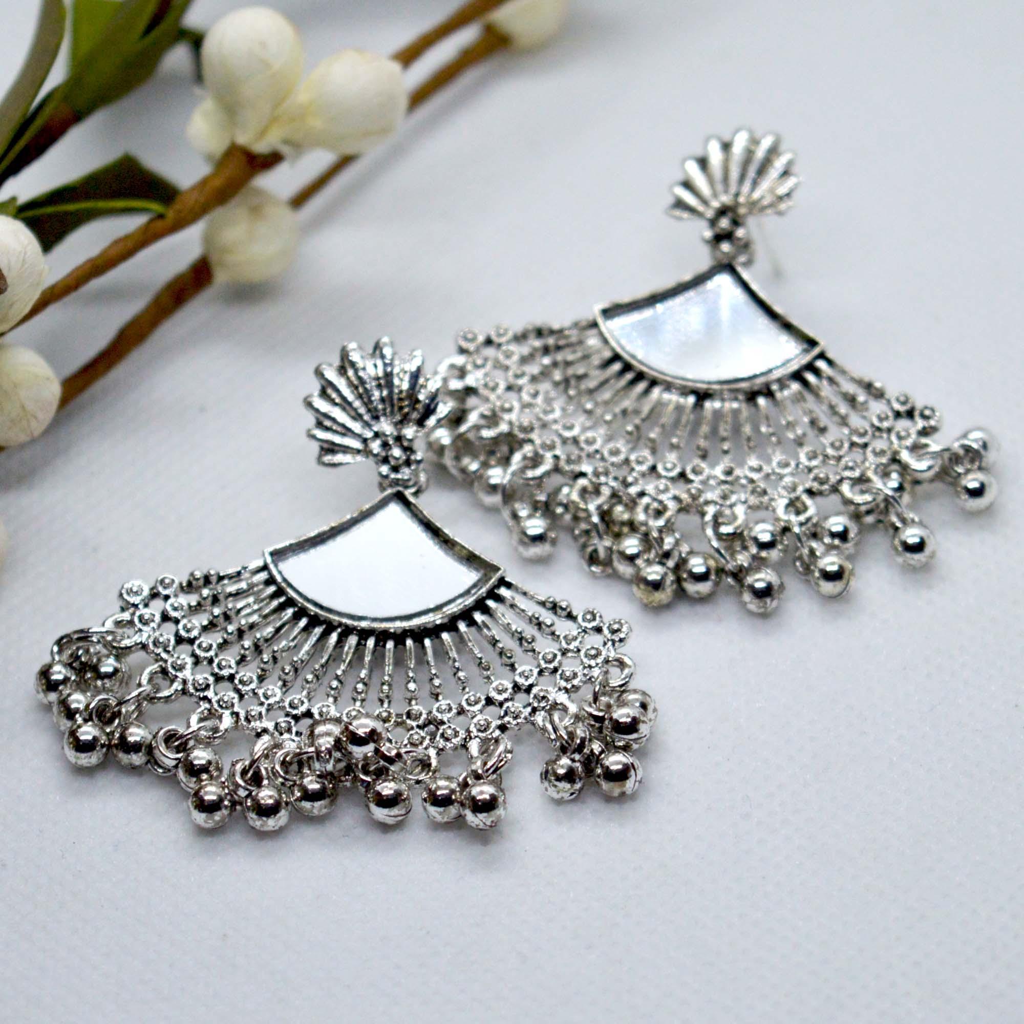 Fan Style Mirror Adorned Silver Toned Shell Top Earrings For Women - Image 4