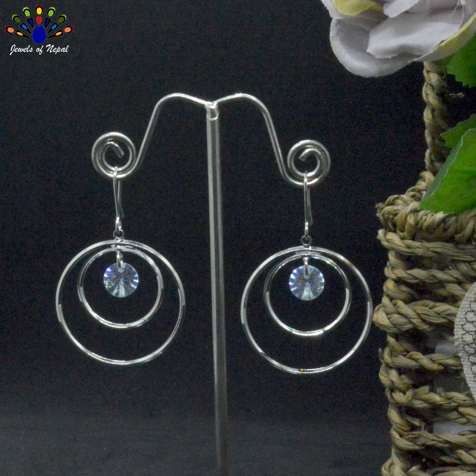 Silver Toned Double Circular Stone Drop Earrings - Image 3