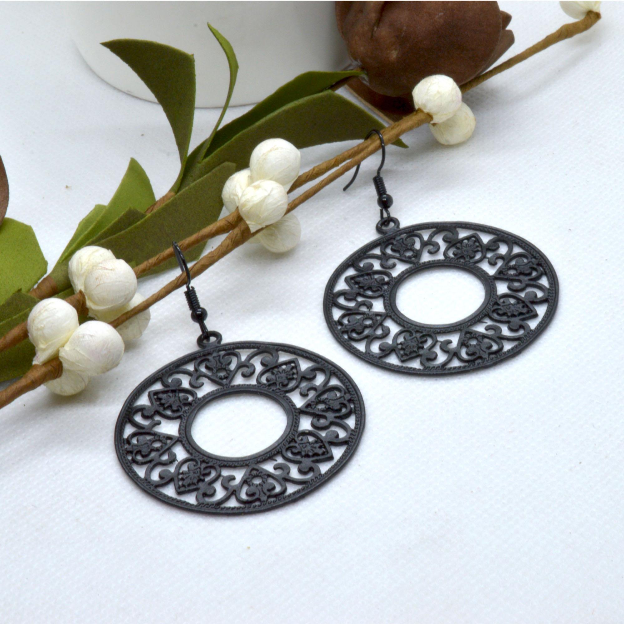 Round Black Bohemian Design Drop Earrings For Women - Image 2