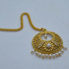22K Gold Plated Chandbali Designed Faux Moti Drop White Stone Studded Maangtika (Gpmt_008)