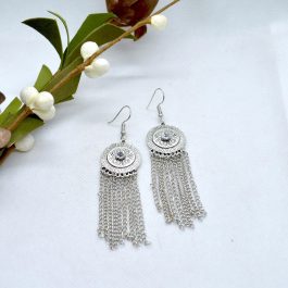 Silver/White Stoned Round Aztec Patterned Chain Tassel Earrings For Women