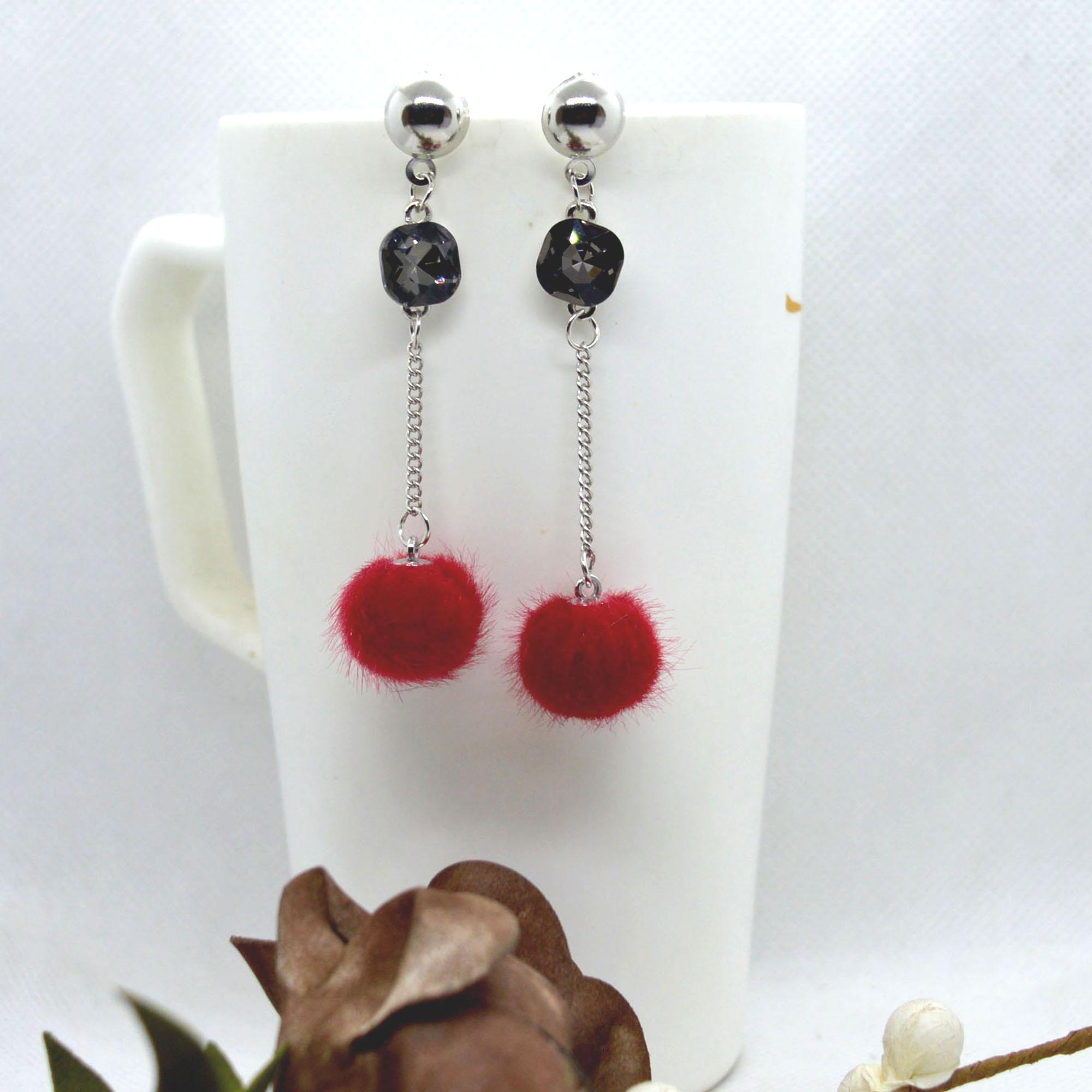 Korean Style Faux Crystal Adorned Chain Pom Drop Earrings For Women - Image 10