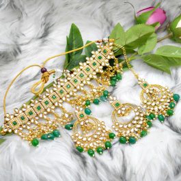 Faux Moti & Beads Beaded Adjustable Choker Set With Earrings & Maangtika by Jewels of Nepal