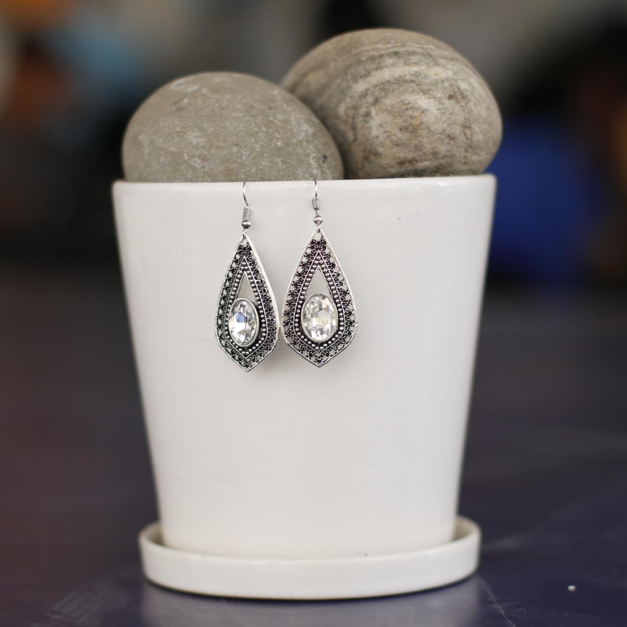 Silver/White Stoned Textured Drop Earrings For Women - Image 2