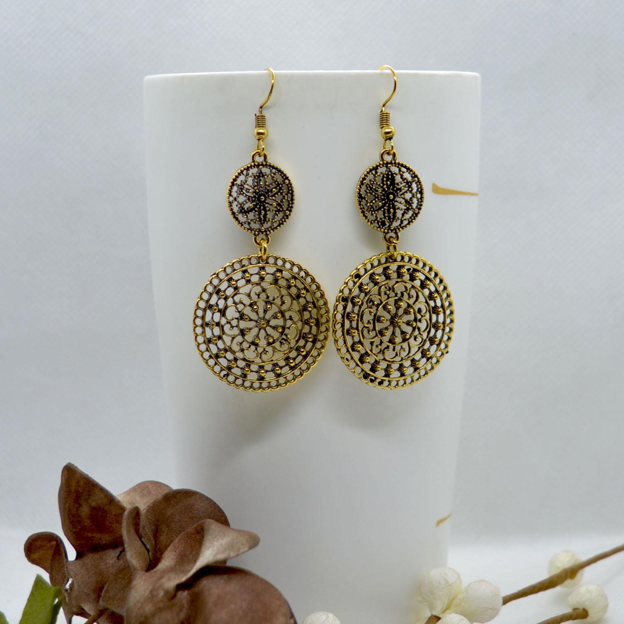 Golden Mandala Patterned Double Drop Earrings For Women- Jewels Of Nepal