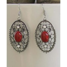 Silver/Red Oval Drop Earrings For Women