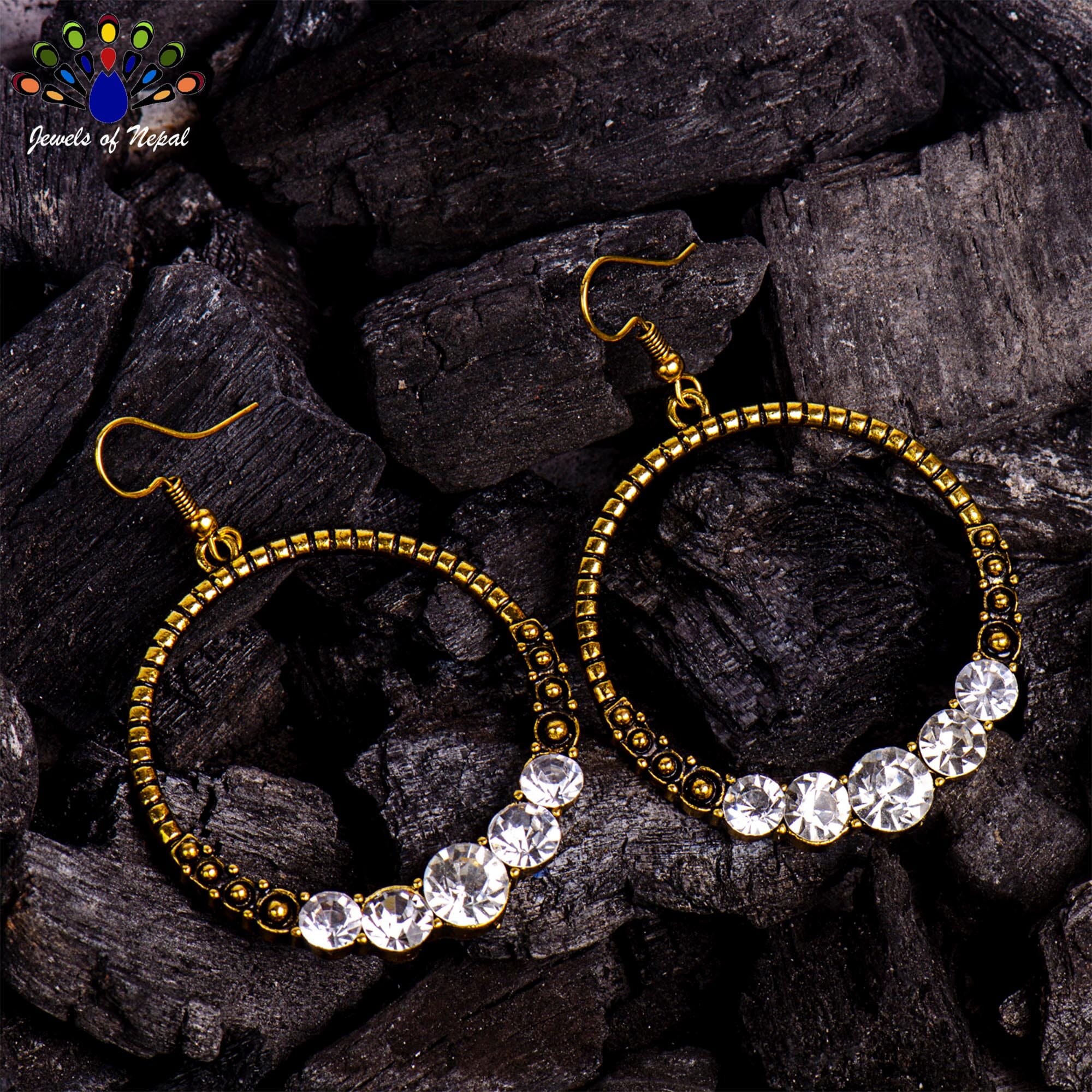 Golden/Silver Round Stone Studded Drop Earrings For Women- Jewels Of Nepal - Image 5