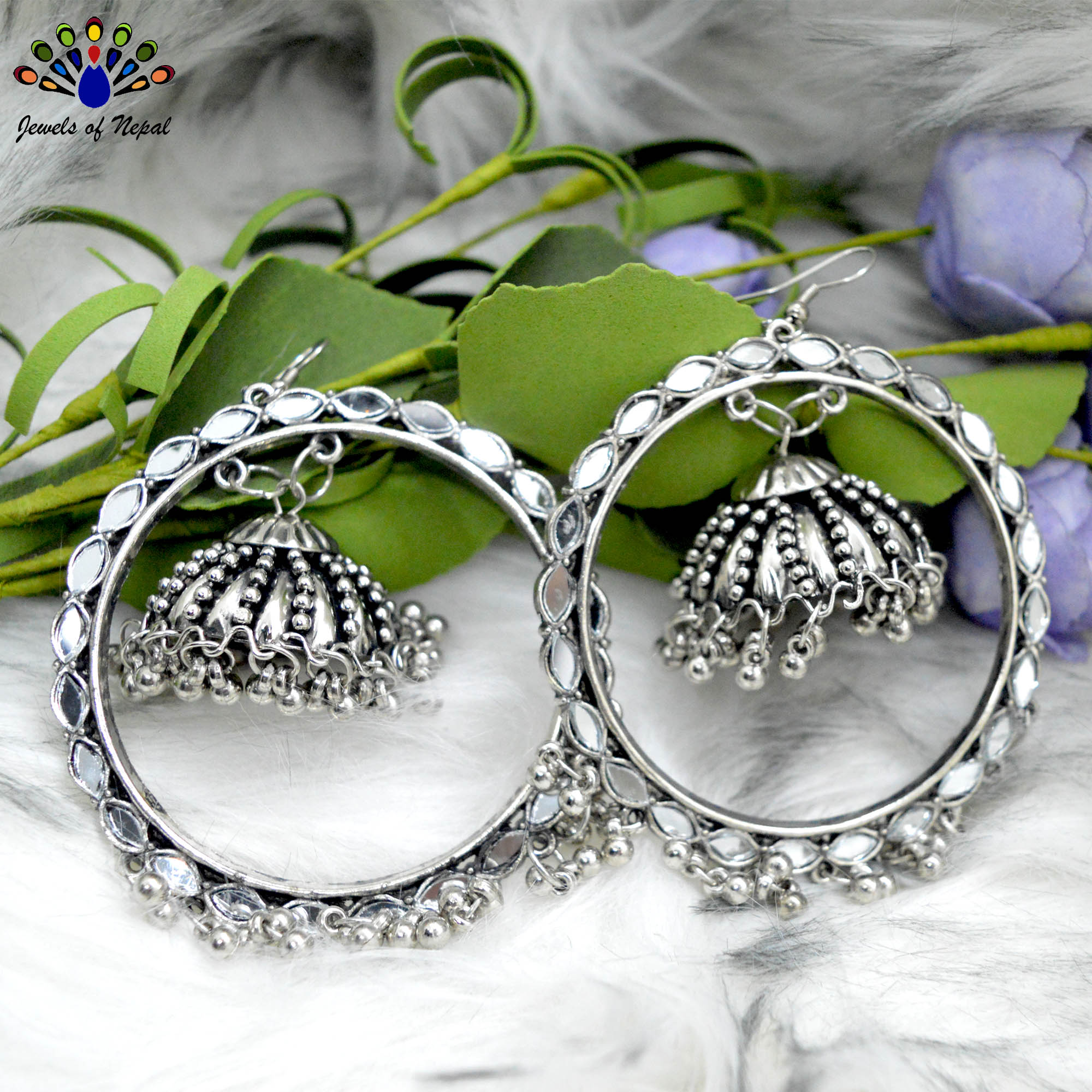 Silver Mirror Studded Round Hoop Pinjada Earrings- Jewels of Nepal - Image 2