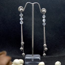 Silver Cz Stone Beaded Ball Chain Drop S925 Earrings