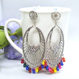 Silver Toned Stones Studded Multicolored Beads Drop Dangler Earrings