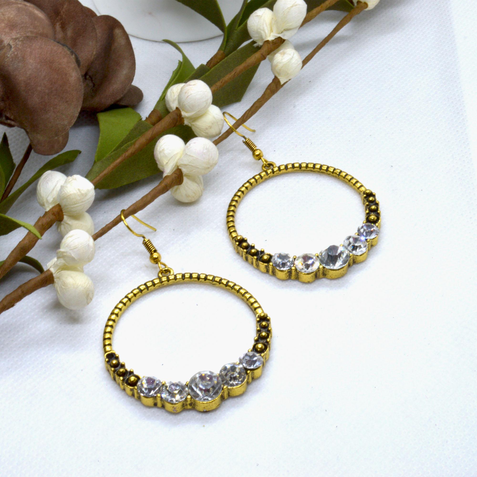 Golden/Silver Round Stone Studded Drop Earrings For Women- Jewels Of Nepal - Image 6