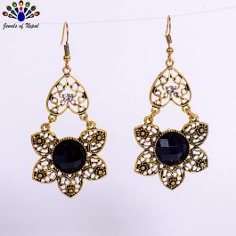Golden/Black Stoned Flower Designed Drop Earrings For Women