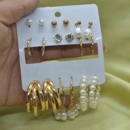 Jewels of Nepal Golden-White Combo Earrings Set for Women- 9 pairs