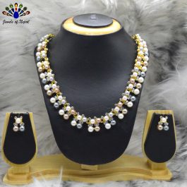 Golden Simulated Pearl & Stones Studded Necklace and Ear Studs Set