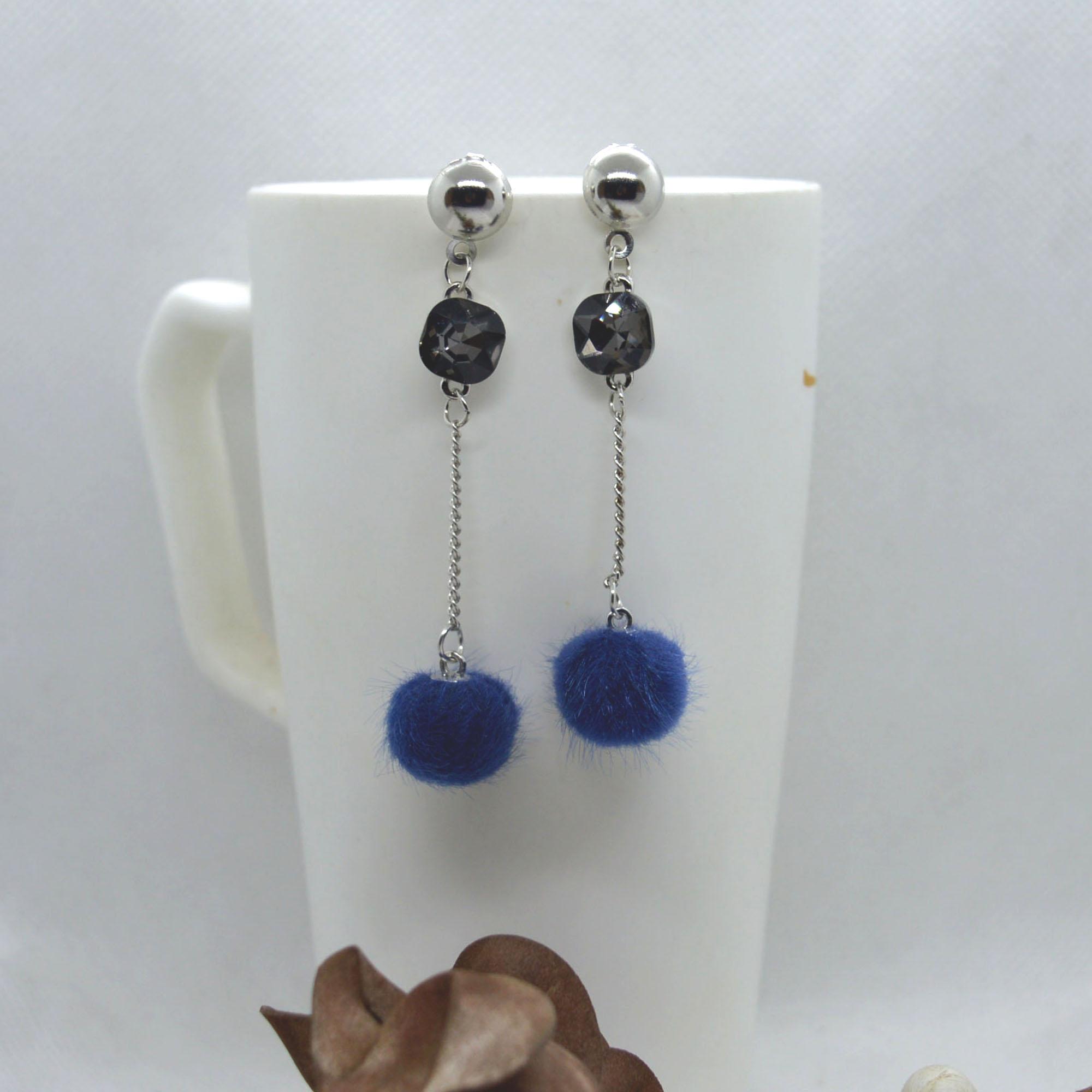 Korean Style Faux Crystal Adorned Chain Pom Drop Earrings For Women - Image 4