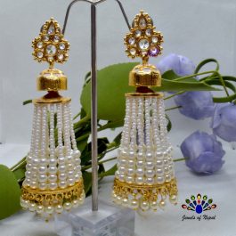 White Faux Moti Beaded Cz Stone Top Elegant Long Pinjada Earrings For Women