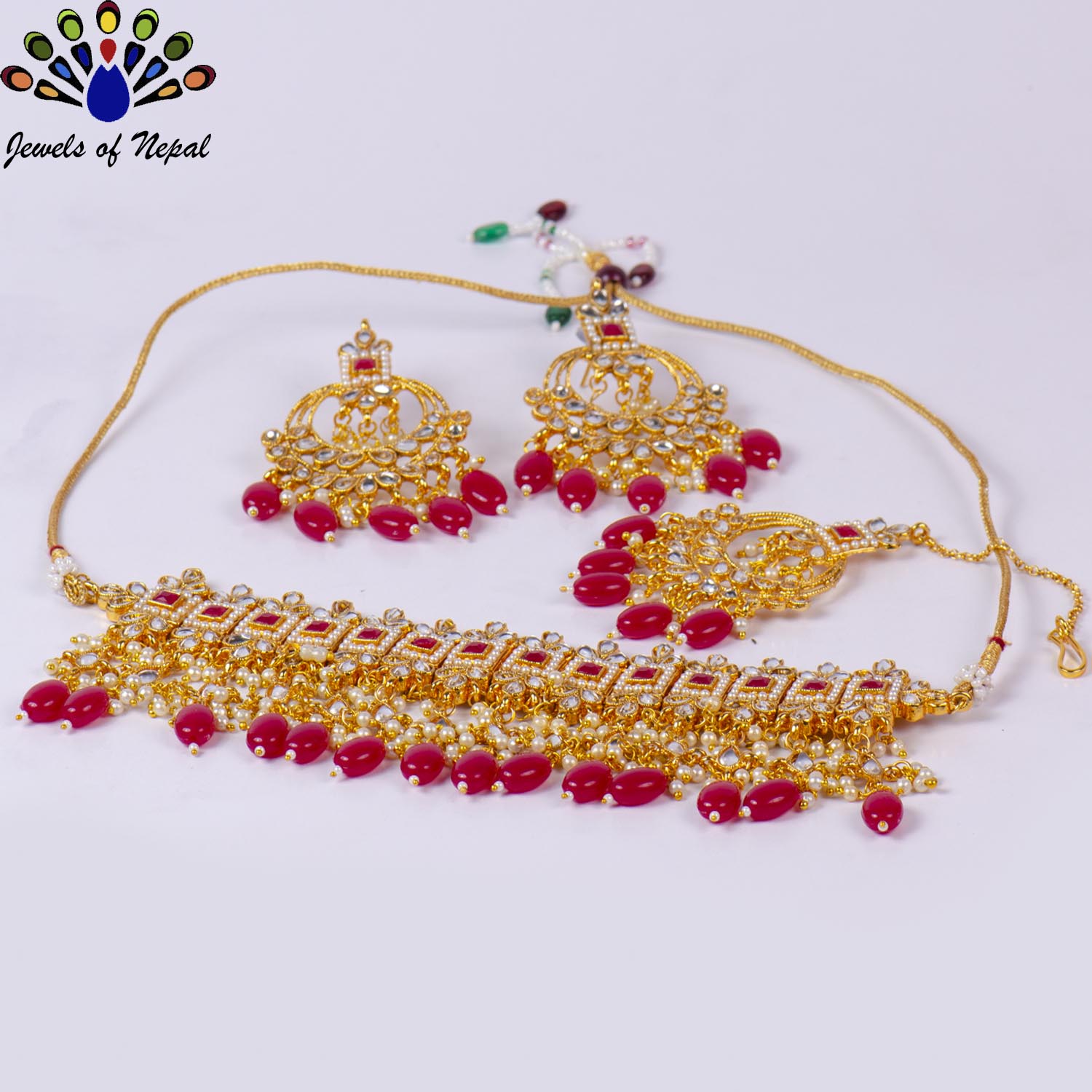 Stones & Beads Studded Choker Necklace, Earrings and Maangtika Set - Image 2