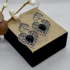 Silver/Black Stoned Heart Shaped Earrings For Women