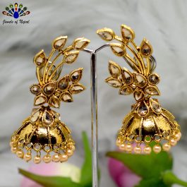 Golden Stone Studded Leaf Designed Top Pinjada Earrings - Jewels of Nepal