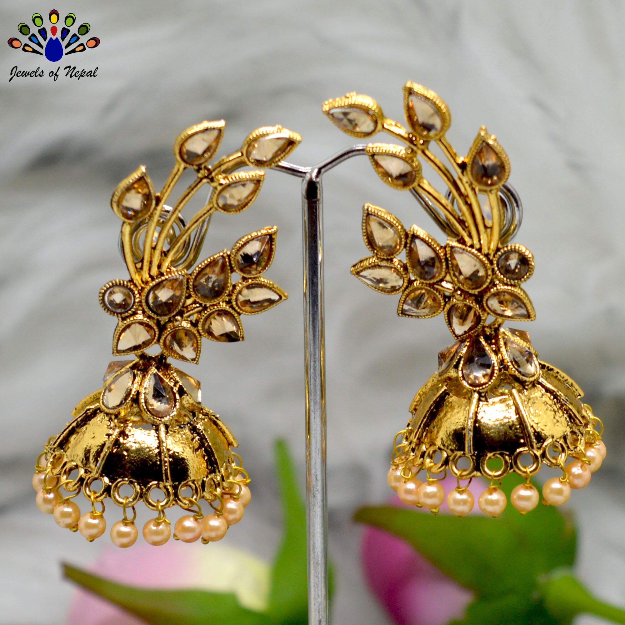 Golden Stone Studded Leaf Designed Top Pinjada Earrings - Jewels of Nepal