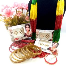 Combo Of Potey Mala+ Stone Studded Bangles + Stone Chandrama Clip And Free Bindis (3 Packets)-Green/Red/Yellow