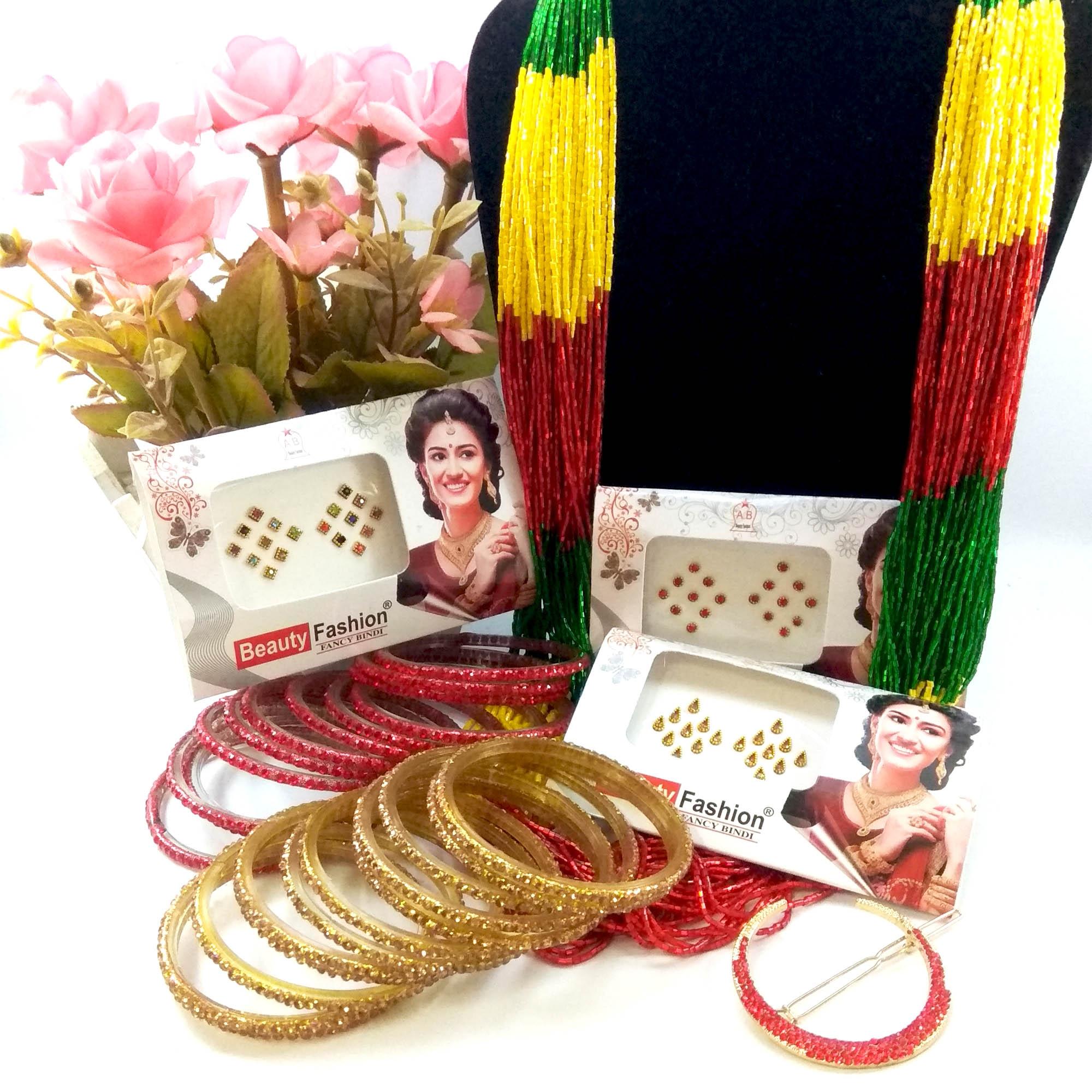 Combo Of Potey Mala+ Stone Studded Bangles + Stone Chandrama Clip And Free Bindis (3 Packets)-Green/Red/Yellow