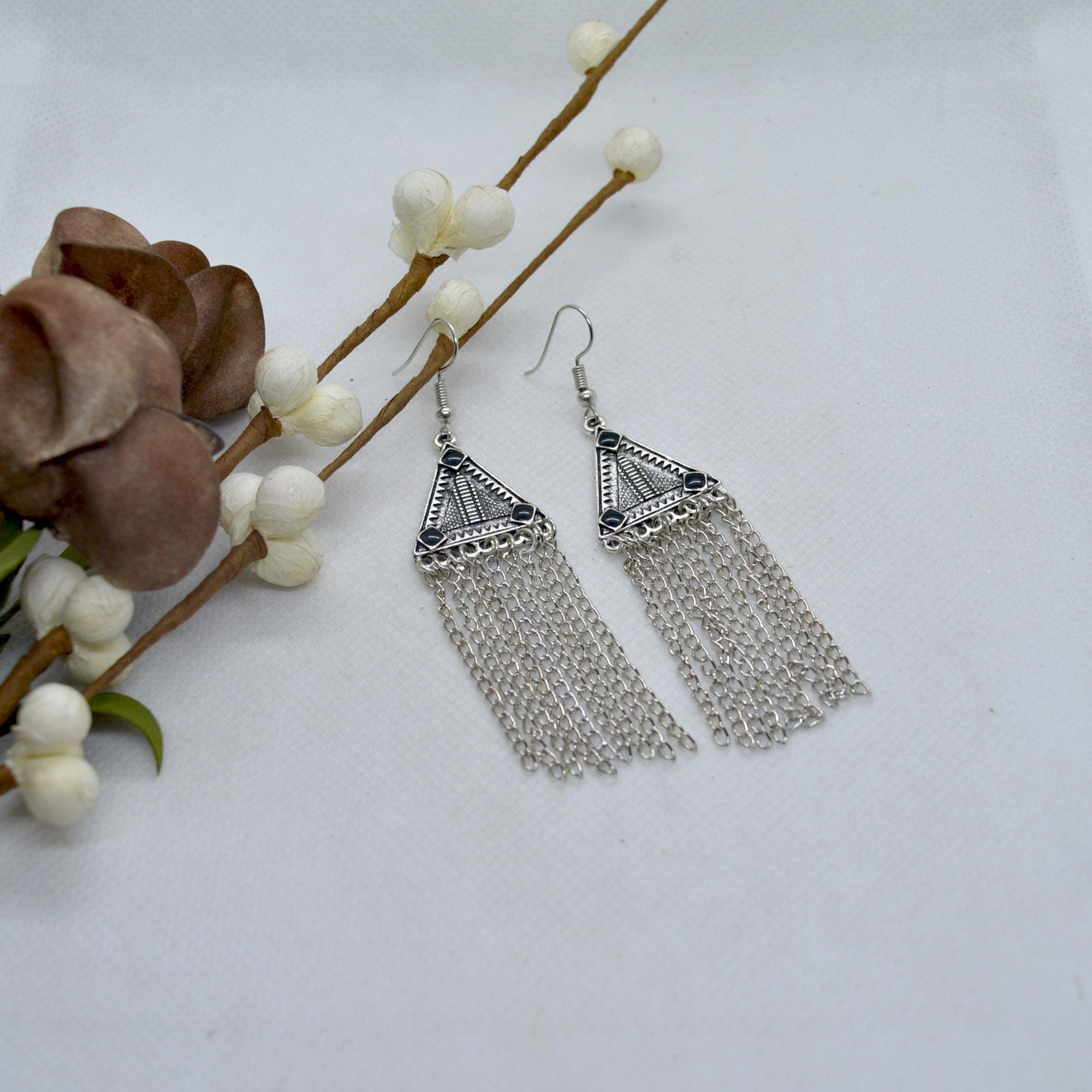 Silver Tribal Patterned Chain Tassel Earrings For Women