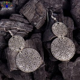 Silver Double Round Mandala Designed Drop Earrings For Women