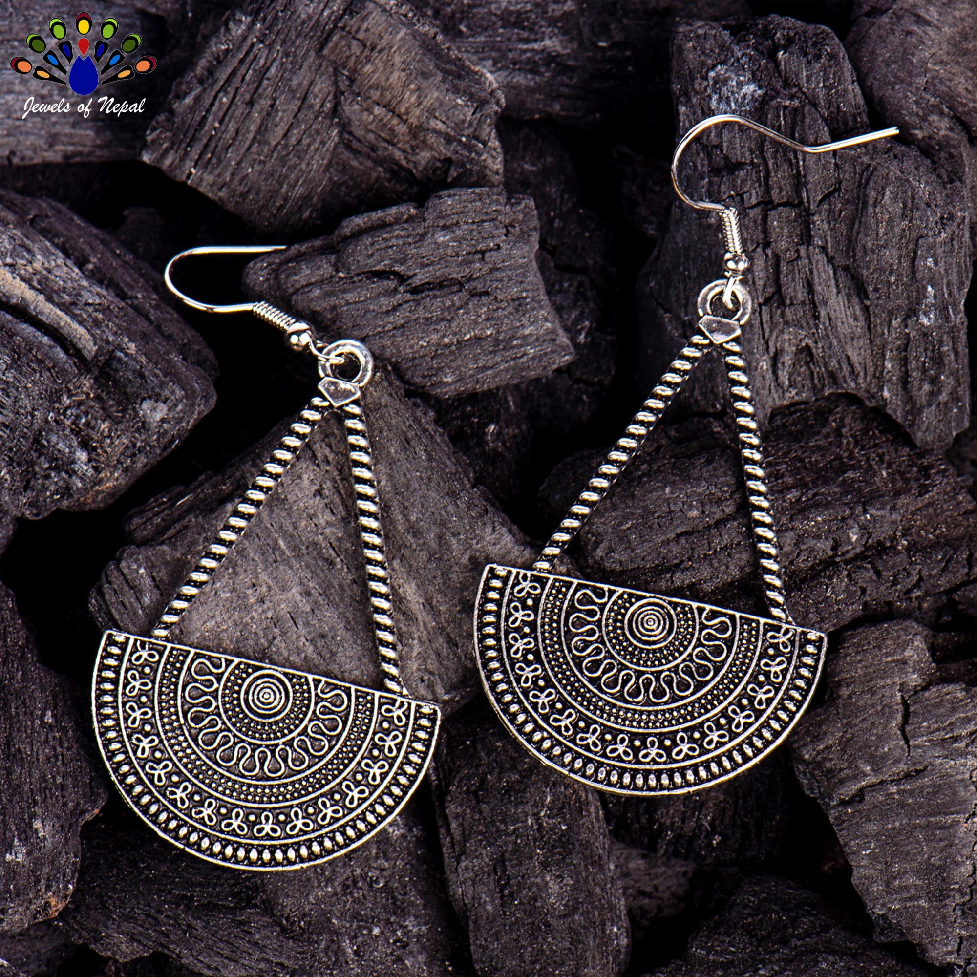 Silver Mandala Patterned Half Circular Dangling Earrings - Image 4