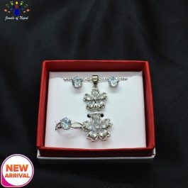 Jewels of Nepal Cubic Zirconia Studded Double Flower Pendant Chain, Ear Studs and Finger Ring Set for Women