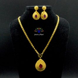 Gold Plated Drop Shaped Faux Ruby Adorned Earrings And Necklace Set