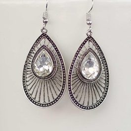 Silver/White Stoned Tear Drop Fall Earrings For Women