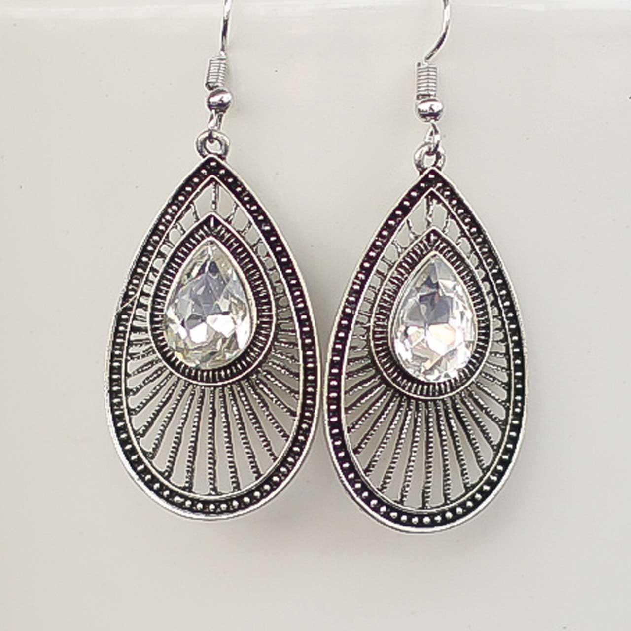 Silver/White Stoned Tear Drop Fall Earrings For Women