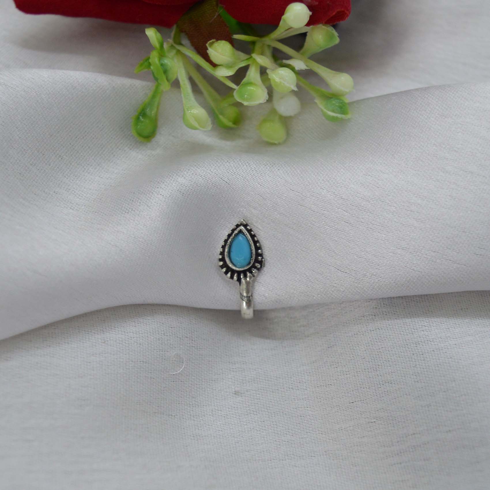 Oxidized Silver Toned Stone Clip on Nose Ring / Nathi/ Nathiya For Women- 1pc - Image 15
