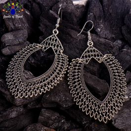 Big Silver Leaf Designed Cut Textured Earrings- Jewels Of Nepal