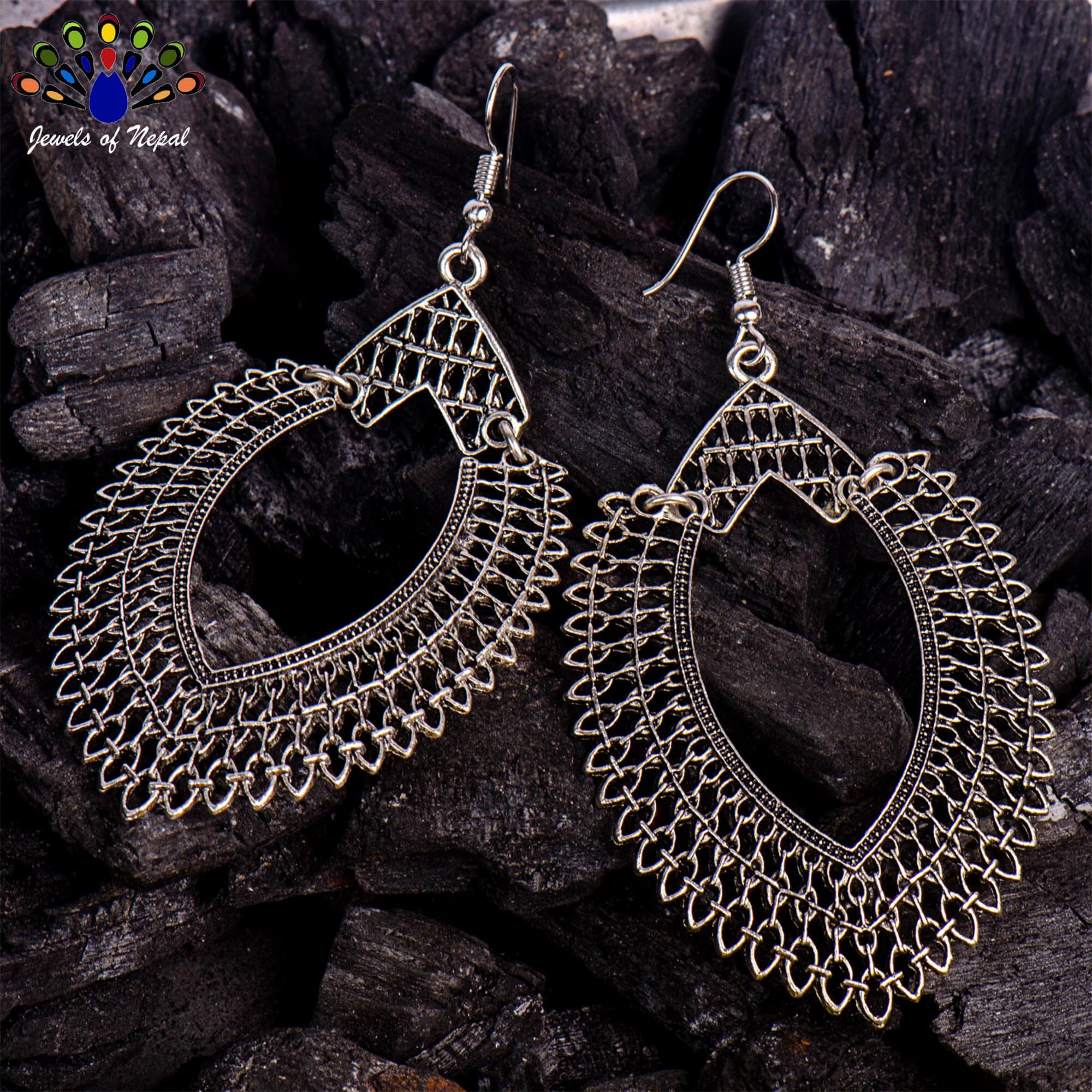 Big Silver Leaf Designed Cut Textured Earrings- Jewels Of Nepal