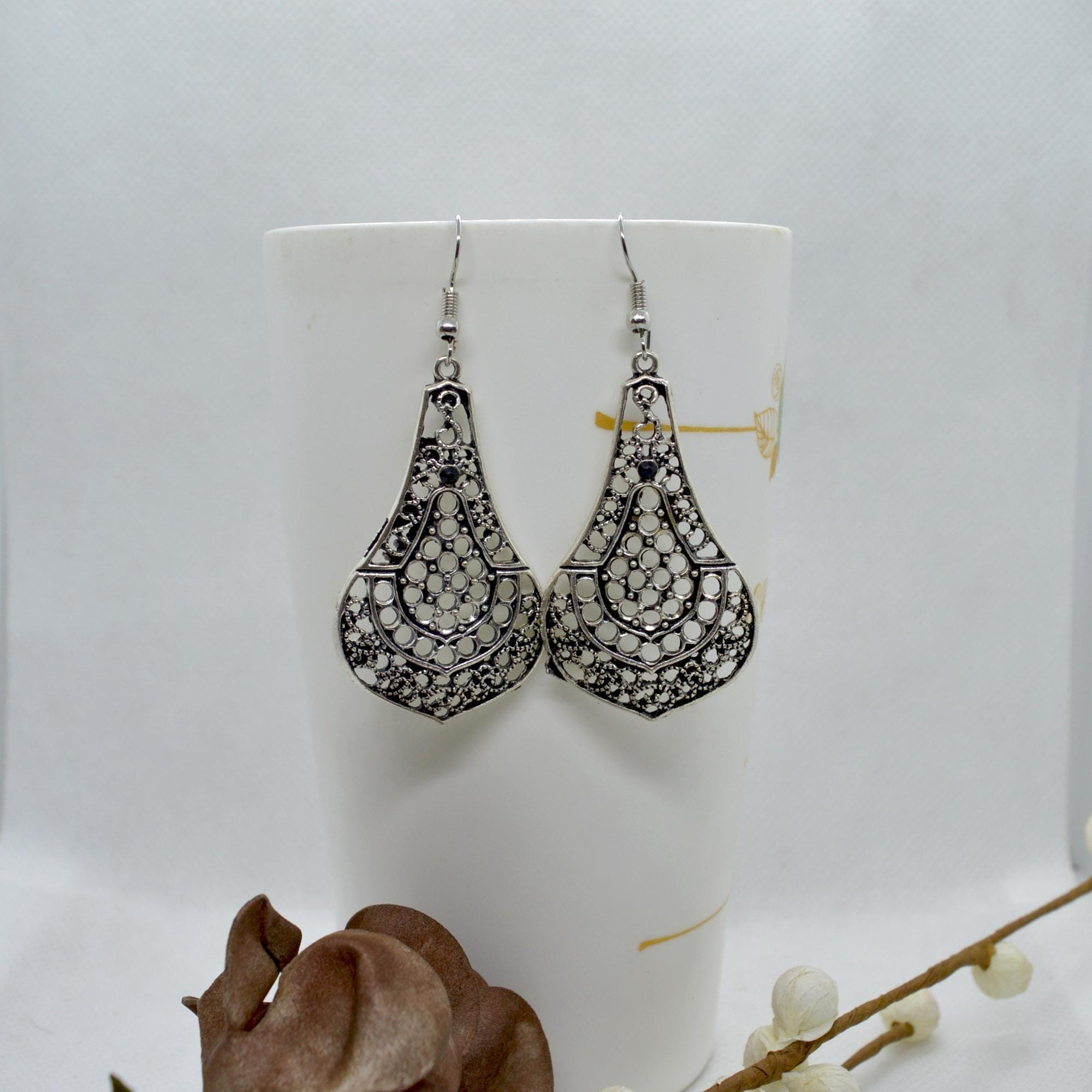 Silver Cut Patterned Drop Earrings For Women