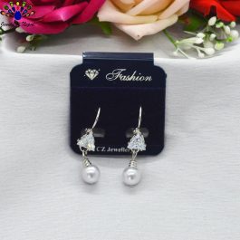Jewels of Nepal Triangular CZ Stoned Faux Pearl Drop Lever Back Earrings for Women
