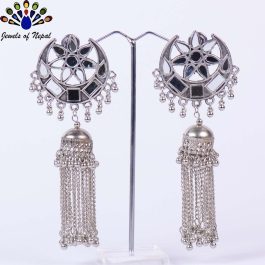 Silver Mirror Sun Moon Designed Top Statement Pinjada Chain Tassel Earrings for Women - Jewels of Nepal