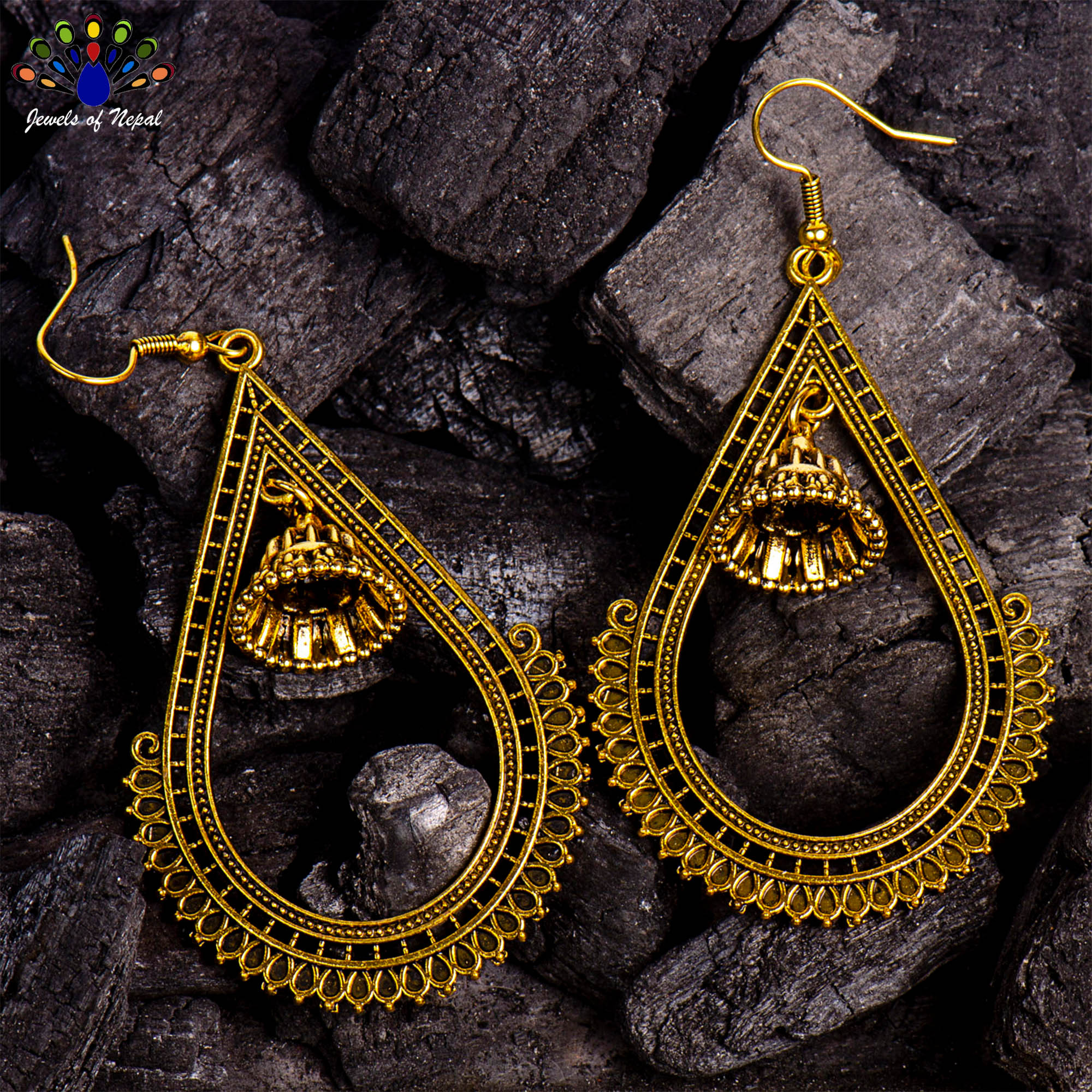 Antique Gold Toned Cut Patterned Pinjada Drop Earrings- Jewels Of Nepal - Image 3