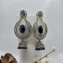 Silver/Black Stone Studded Pinjada Drop Earrings For Women