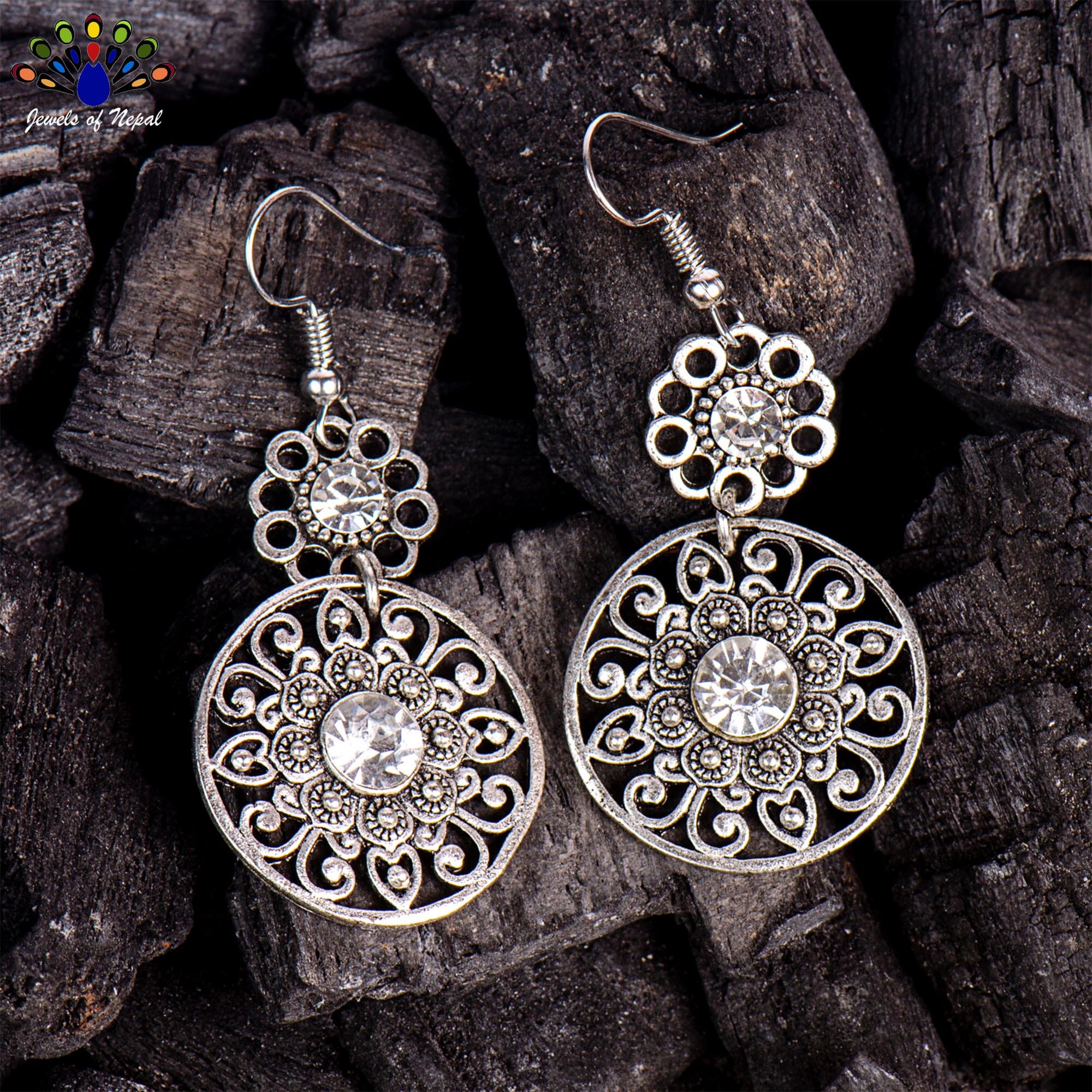 Golden/Silver Double Round Cutout Patterned Circular Drop Danglers For Women