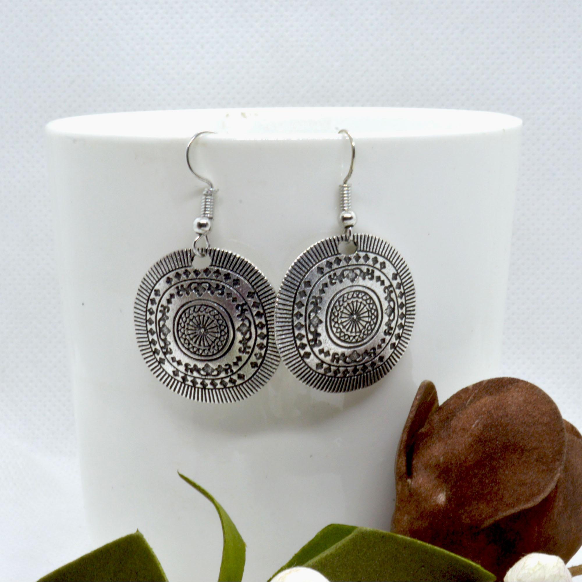 Silver Circular Tribal Patterned Drop Earrings For Women