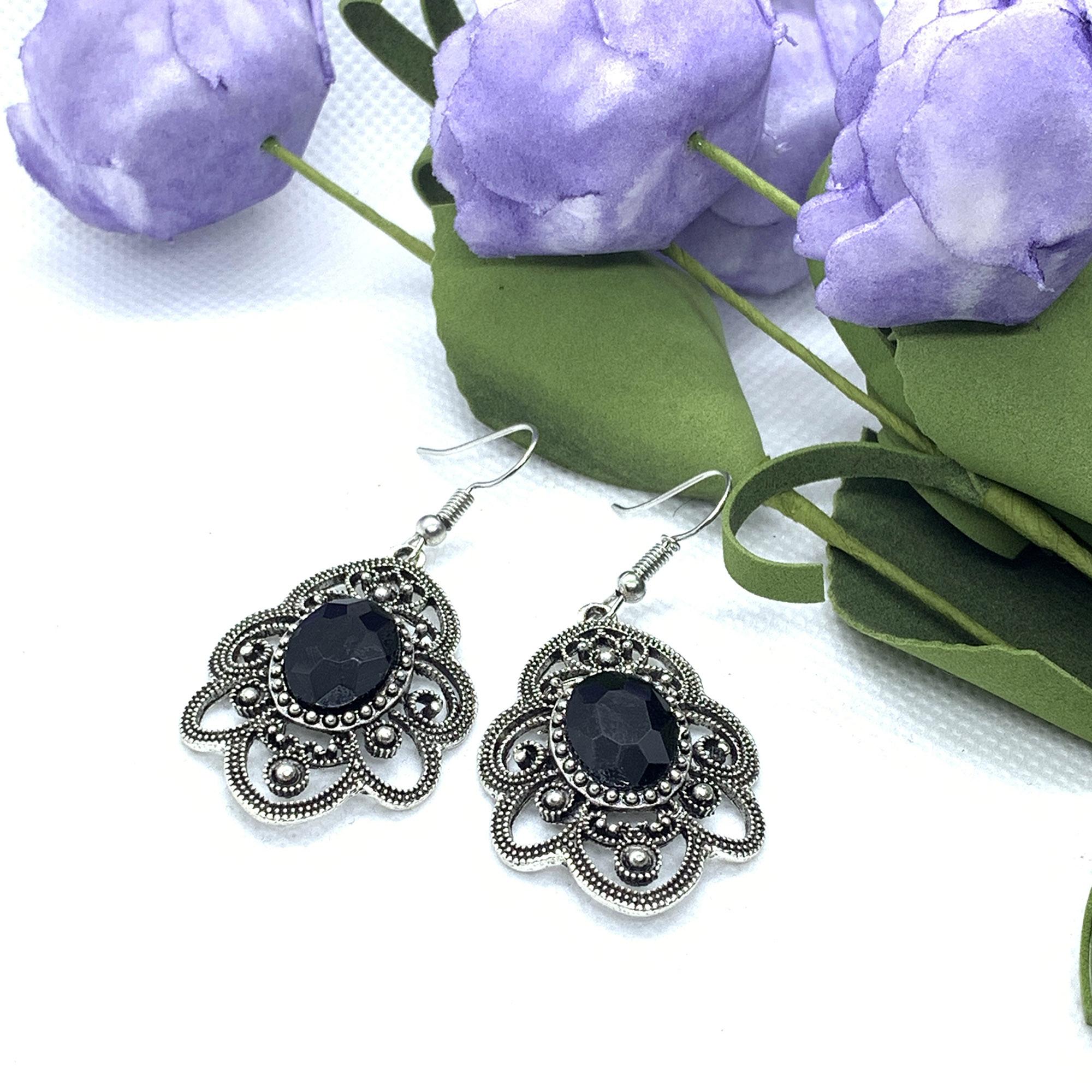 Silver/Black Self Patterned Drop Earrings For Women - Image 13