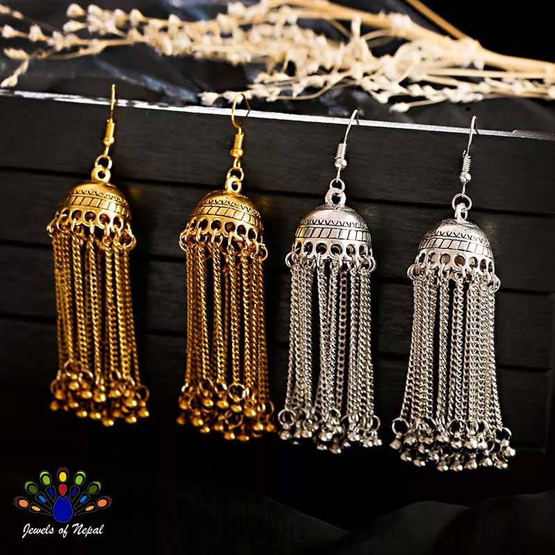 Silver/Golden Ethnic Gypsy Style Pinjada Jhumka Earrings For Women - Image 2