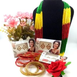 Combo Of Green/Red/Yellow Potey Mala- Red/Golden Stone Studded Bangles With Free Juro Flower And Bindis (3 Packets)