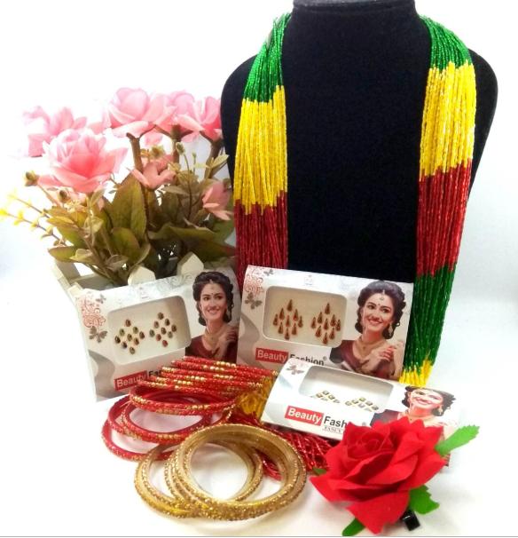 Combo Of Green/Red/Yellow Potey Mala- Red/Golden Stone Studded Bangles With Free Juro Flower And Bindis (3 Packets)