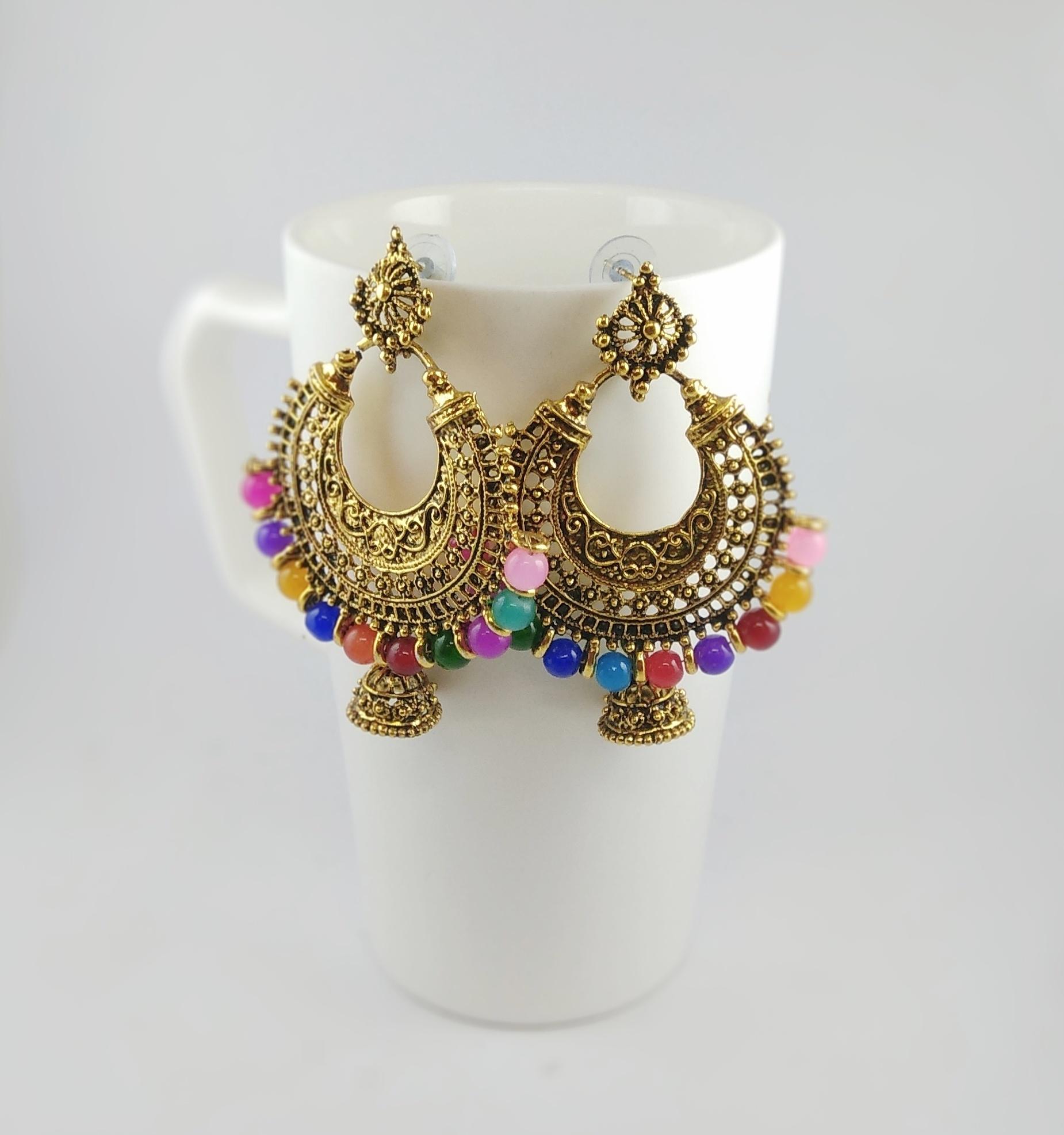 Multicolored Beads Chandbali Pinjara Fall Earrings For Women